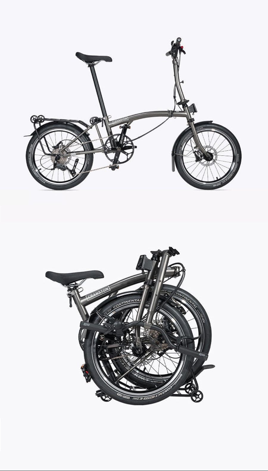 A folding electric bicycle shown in two views on a light gray background: one unfolded view labeled 'D10 Charcoal Gray' and one folded view. The bike frame is charcoal gray with black components and tires.